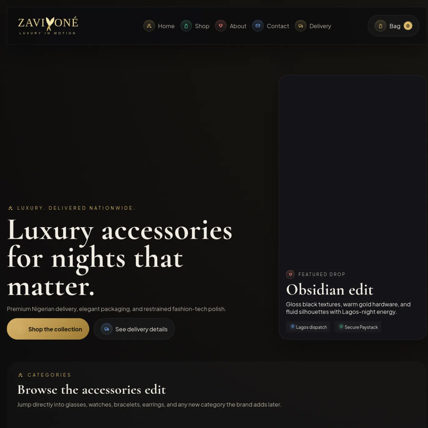 Zavione premium retail storefront preview built by ORISUN